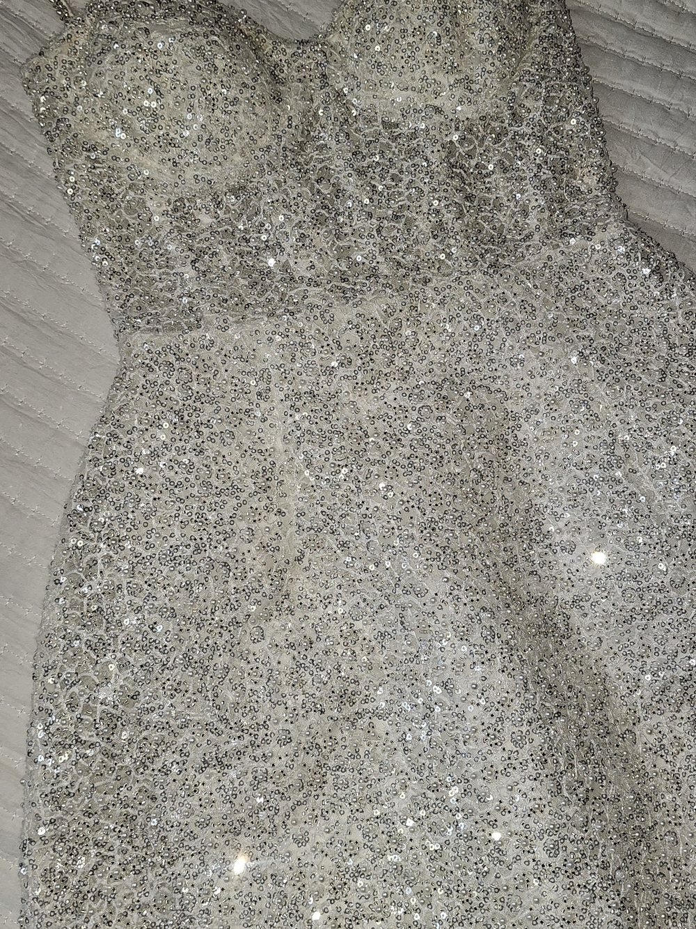 NADINE MERABI White Beaded Strapless-Inspired Corset Dress with Spaghetti Straps - Picture 4 of 8